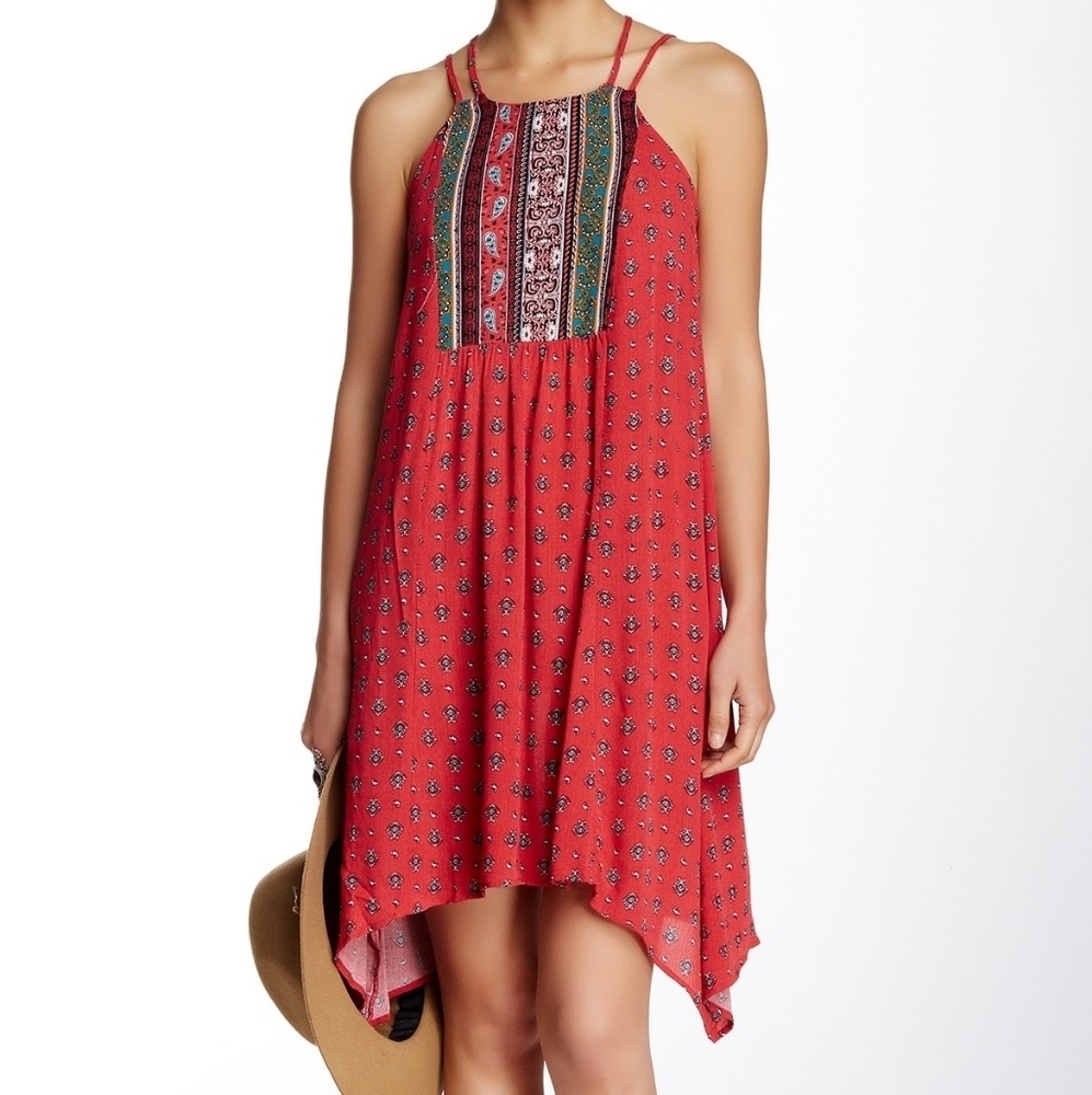 PINK ROSE MEDALLION BORDER PRINT DRESS RED/Black size small